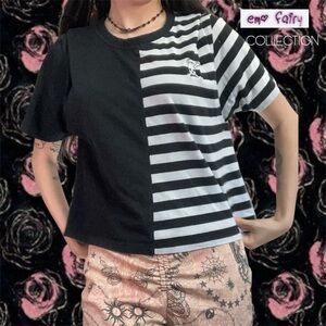 Punk Hot Topic Black and White Stripe Split Boxy Crop Top